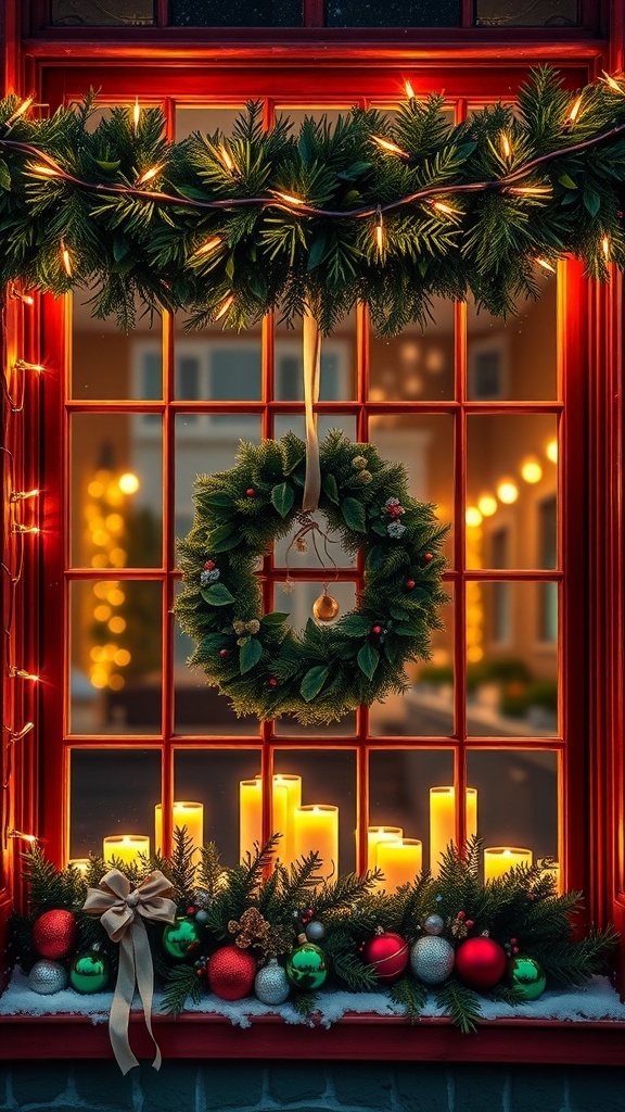 A festive Christmas window decorated with lights, garland, wreath, and ornaments.